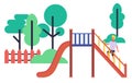 Children playground illustration. Child climbs to the slide. Summer leisure, vacation, holidays