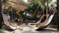 Children Playground with Modern Slide, Rope Net Bridge, Climbing Swings, Climbers. Empty Wooden Playground made of Eco Royalty Free Stock Photo