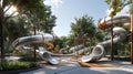 Children Playground with Modern Slide, Rope Net Bridge, Climbing Swings, Climbers. Empty Wooden Playground made of Eco Royalty Free Stock Photo