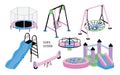 Children playground set. Different children s outdoor equipment trampoline, bouncy castle, hill, carousel, sandbox Royalty Free Stock Photo