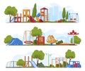 Children playground at summer park set vector illustration. Bright game area for kids recreation