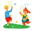 Children playing badminton - colorful flat design style illustration