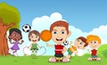 Children playing basketball, jumping rope, soccer in the park cartoon vector illustration Royalty Free Stock Photo