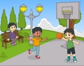 Children playing basketball at the park while the other watching cartoon