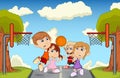 Children playing basketball on the street cartoon vector illustration Royalty Free Stock Photo