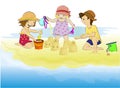 Vector illustration of 3 children playing together and making sand castles on the beach Royalty Free Stock Photo