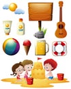 Children playing on beach and other beachware items Royalty Free Stock Photo