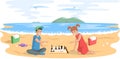 Children playing board game together. Kids boy and girl friends playing chess sitting on beach Royalty Free Stock Photo