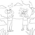 children playing bubbles in the park line art illustrations