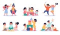 Children playing. Cartoon happy kids with different toys, group activity, girls and boys socialization, creative moving Royalty Free Stock Photo