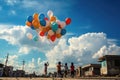 Children playing with colorful balloons on the street in slums Royalty Free Stock Photo