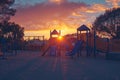 Children playing on a colorful playground while a vibrant sunset paints the sky in the background, A deserted playground at sunset Royalty Free Stock Photo