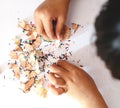 Children playing crayons, pencil  white background, learning, coloring Royalty Free Stock Photo