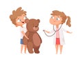 Children playing. Cute girl doctor and teddy bear patient. Kids play in hospital, medical game for little vector