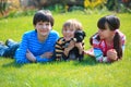 Children playing with dog