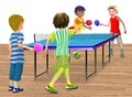 4 children playing a double table tennis match