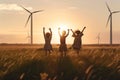 children playing in a field with wind turbines at the background, sustainable energy future clean energy concept playful kids