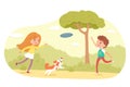 Children playing with frisbee in park or playground. Happy kids doing outdoor summer activities vector illustration. Boy Royalty Free Stock Photo