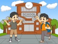 Children playing in front of their school cartoon