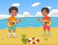 Children playing guitar on the beach cartoon