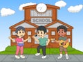 Children playing guitar in front of their school cartoon