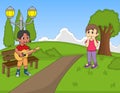 Children playing guitar in the park cartoon