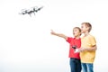 Children playing with flying hexacopter drone