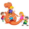 The children playing and holding the Tyrannosaurus Rex`s body and pull his tail some of them holding his hand