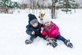 Children playing with Jack Russell terrier puppy in the park in the winter in the snow