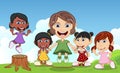 Children playing jump rope, eat ice cream and waving hand in the park, cartoon vector illustration Royalty Free Stock Photo