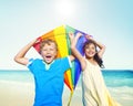 Children Playing Kite Happiness Cheerful Beach Summer Concept Royalty Free Stock Photo