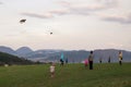 Children playing with kite on meadow.