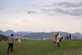 Children playing with kite on meadow.