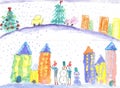 Children playing and making a snowman. Watercolor drawing Royalty Free Stock Photo