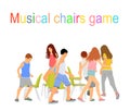 Children playing musical chairs game vector illustration isolated on white background. Happy birthday animation.