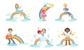 Children Playing Musical Instruments while Sitting on Rainbow Set, Boys and Girls Playing Flute, Violin, Accordion Royalty Free Stock Photo