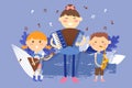 Children playing musical instruments, vector illustration. Kids cartoon characters, school music band performance. Boys Royalty Free Stock Photo