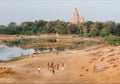 Children playing outdoor, past historical temples of Khajuraho, India. Rural landscape and indian village kids Royalty Free Stock Photo