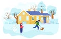 Children playing outdoors in winter, kids building snowman, people vector illustration Royalty Free Stock Photo