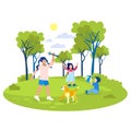 Children Playing in Park Flat Cartoon Illustration