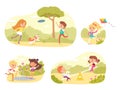 Children playing in park or playground set. Happy kids doing outdoor summer activities vector illustration. Child with Royalty Free Stock Photo