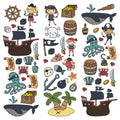 Children playing pirates Boys and girls Kindergarten, school, preschool, halloween party Treasure island, pirate ship Royalty Free Stock Photo