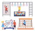Children playing at playground, boys climbing at rope wall, gymnastic circles, climbing at ladder