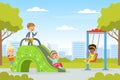 Children Playing on Playground in City Park with Slide and Swings Vector Illustration