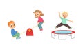 Children Playing on Playground in City Park with Trampoline and Seesaw Vector Illustration Set Royalty Free Stock Photo