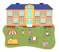 Children playing playground in front of kindergarten building. Concept of summer kids school camp Royalty Free Stock Photo