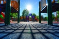 Children playing on a playground with a slide and a play structure, A playground with shadow patterns under the bright sun, AI Royalty Free Stock Photo