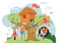 Children playing on tree house playground. Summer landscape with kids game hut Royalty Free Stock Photo