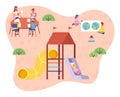 Children playing playground vector illustration. Kids on the summer play-field play in the sand Royalty Free Stock Photo