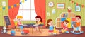 Children playing in room. Kids activity in kindergarten. Cartoon preschool boys and girls play toys and draw. Vector